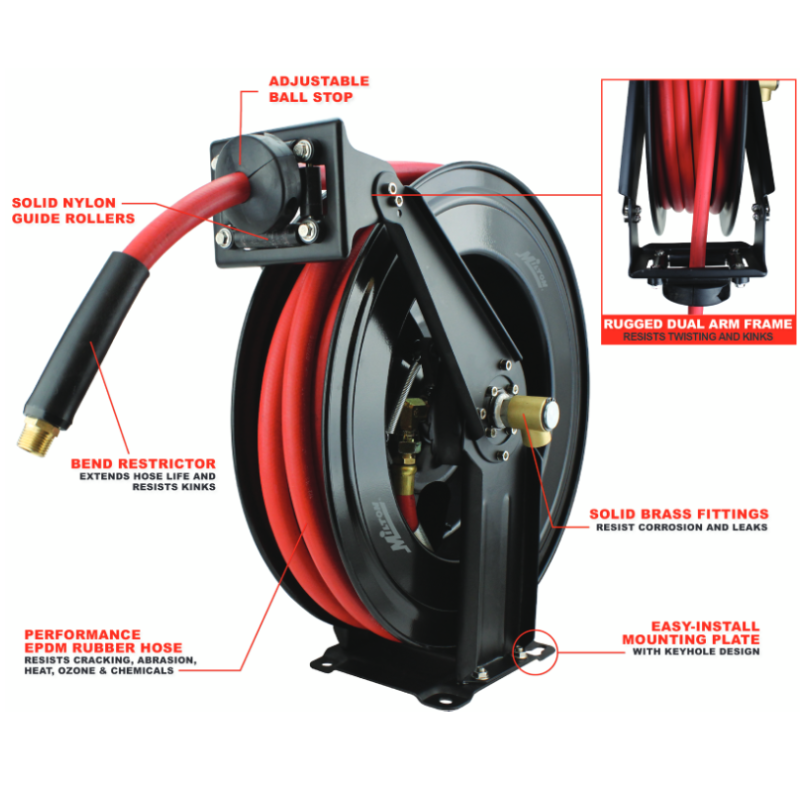 Air Hose Reel Retractable Wall Mount with 3/8 in. Rubber Hose Brass Fittings (25 ft.)